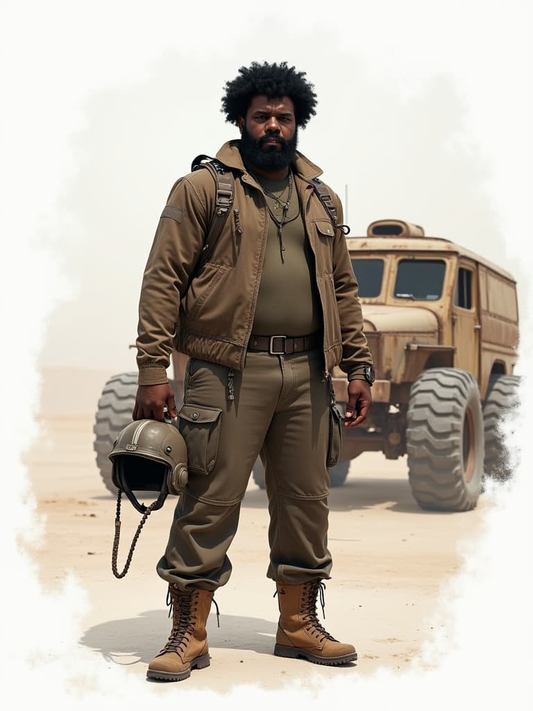  create a character sheet featuring an afrodescendant adult male with a plus sized body, set in a studio with a clean, minimalist white background. the imagery is styled after a post apocalyptic movie, reminiscent of a "mad max" scene, complete with a rusty war vehicle in the background. the atmosphere is tense. he sports a curly fro and is dressed in attire suitable for a dystopian setting, including combat boots. various angles should capture him holding a pilot helmet. this setup aims to evoke the rugged aesthetics and survivalist themes typical of a war torn, futuristic landscape.