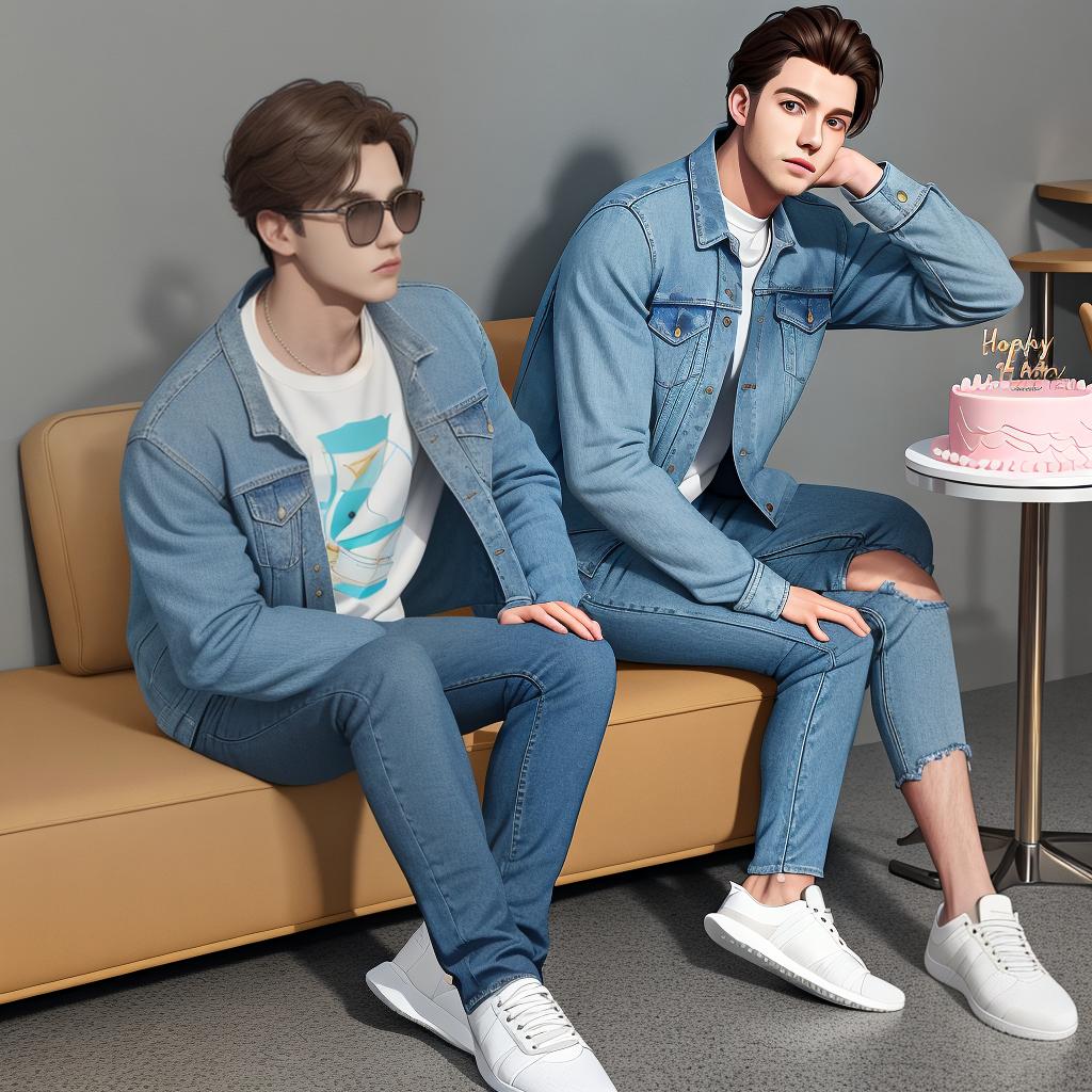  masterpiece, best quality, 3D illustration of a man sitting casually on front of a cake. The character must wear casual modern clothing such as jeans jackets and sneakers shoes. The background of the image is a party theme. Write 'Tarun' on the birthday cake. Make sure the text is not misspelled. His age is 60