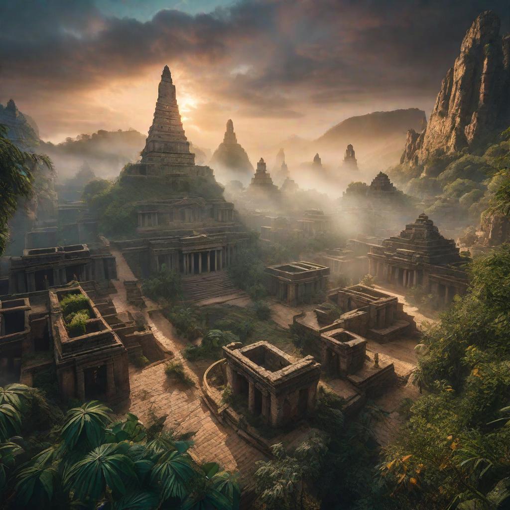  Lost City hyperrealistic, full body, detailed clothing, highly detailed, cinematic lighting, stunningly beautiful, intricate, sharp focus, f/1. 8, 85mm, (centered image composition), (professionally color graded), ((bright soft diffused light)), volumetric fog, trending on instagram, trending on tumblr, HDR 4K, 8K