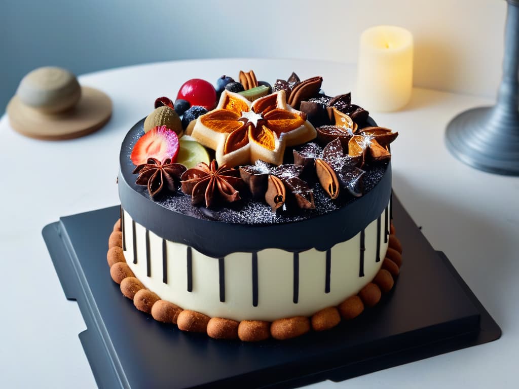  A minimalistic image of an elegant, intricately decorated cake adorned with a symmetrical arrangement of vibrant whole spices such as cinnamon sticks, star anise, and cardamom pods on a sleek, matte black cake stand. The soft, diffused lighting enhances the rich colors and textures of the spices, creating a visually striking and sophisticated composition that embodies the fusion of spices and gourmet pastry art. hyperrealistic, full body, detailed clothing, highly detailed, cinematic lighting, stunningly beautiful, intricate, sharp focus, f/1. 8, 85mm, (centered image composition), (professionally color graded), ((bright soft diffused light)), volumetric fog, trending on instagram, trending on tumblr, HDR 4K, 8K