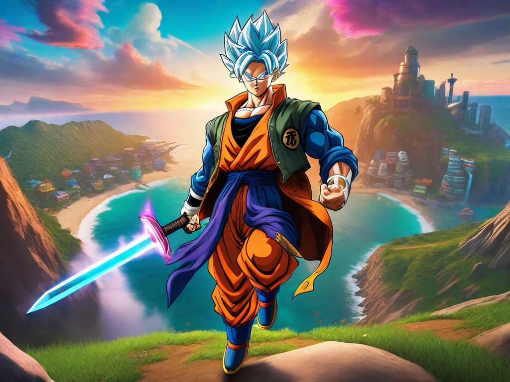  A dynamic image featuring Trunks from Dragon Ball Z, with his signature sword and capsule corp jacket, descending onto the colorful Fortnite island, surrounded by a swirl of glowing energy, as excited players look on, ready to welcome the crossover anime hero into the battle royale fray.digital art, ilustration hyperrealistic, full body, detailed clothing, highly detailed, cinematic lighting, stunningly beautiful, intricate, sharp focus, f/1. 8, 85mm, (centered image composition), (professionally color graded), ((bright soft diffused light)), volumetric fog, trending on instagram, trending on tumblr, HDR 4K, 8K