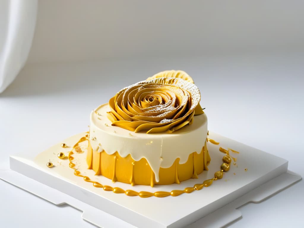  A minimalist, ultradetailed image of a gravitydefying dessert inspired by Renaissance sculpture, featuring intricate swirls of edible gold leaf cascading down a delicate roseshaped pastry. The dessert is elegantly perched on a sleek, modernist plate against a stark white background, highlighting the artistry and innovation of the culinary creation. hyperrealistic, full body, detailed clothing, highly detailed, cinematic lighting, stunningly beautiful, intricate, sharp focus, f/1. 8, 85mm, (centered image composition), (professionally color graded), ((bright soft diffused light)), volumetric fog, trending on instagram, trending on tumblr, HDR 4K, 8K