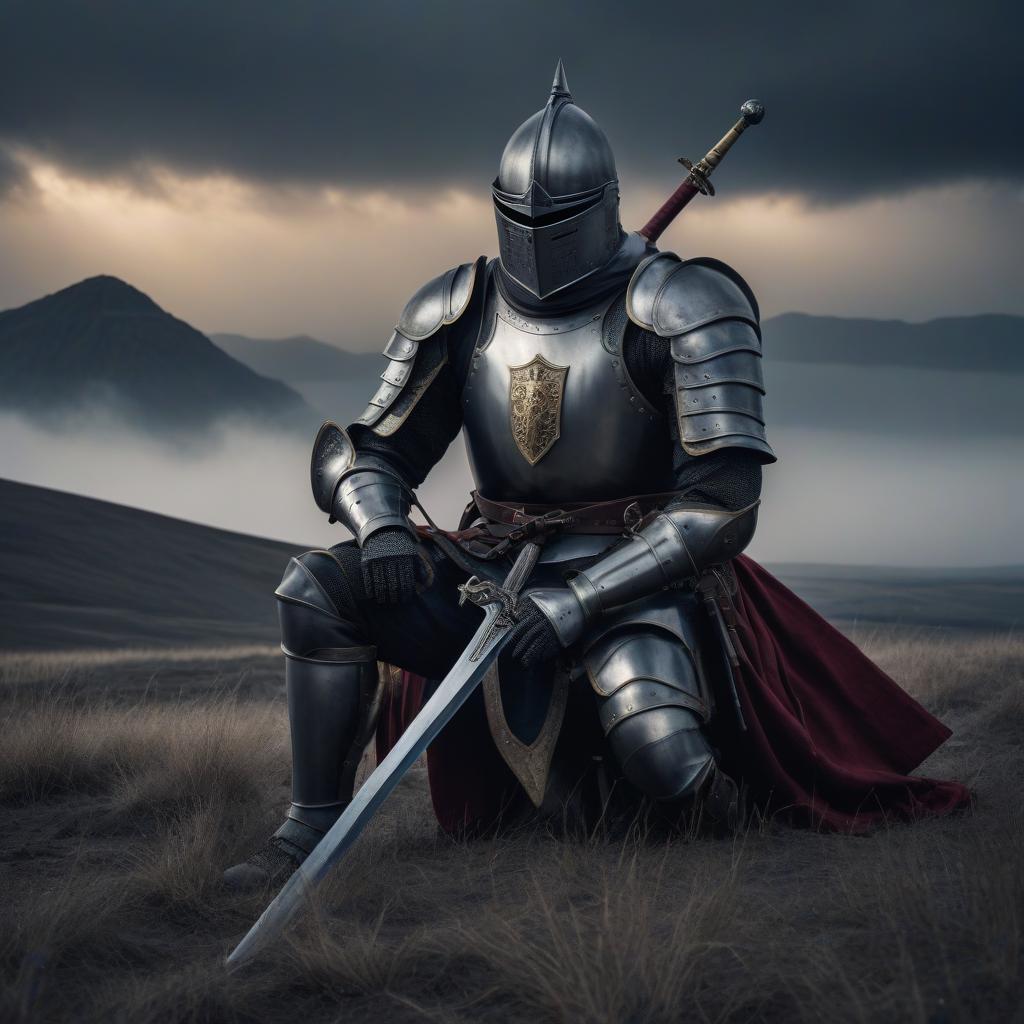  A knight in the field is sitting leaning on a sword,antiquity, dark sky, the endless field hyperrealistic, full body, detailed clothing, highly detailed, cinematic lighting, stunningly beautiful, intricate, sharp focus, f/1. 8, 85mm, (centered image composition), (professionally color graded), ((bright soft diffused light)), volumetric fog, trending on instagram, trending on tumblr, HDR 4K, 8K