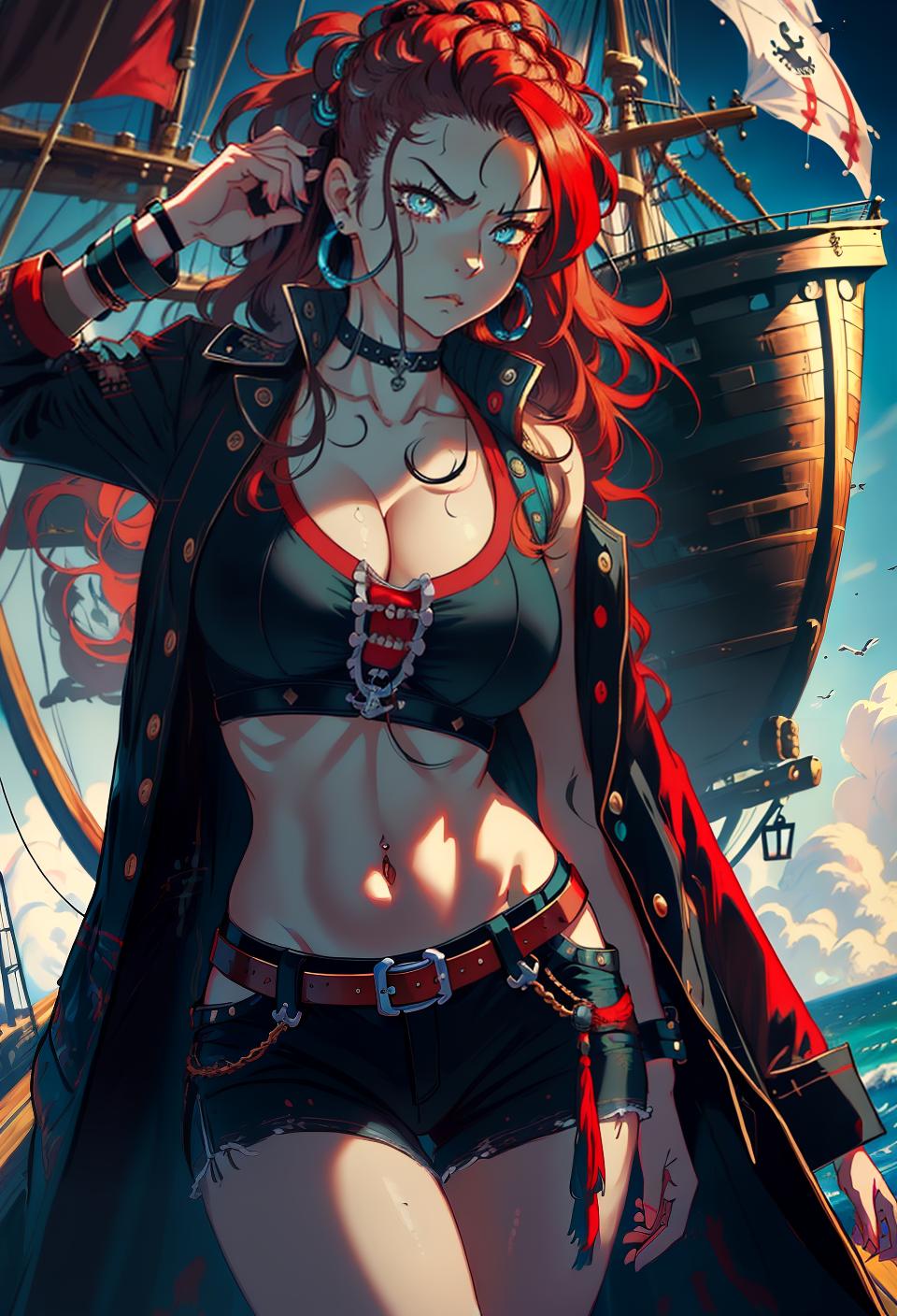  ((trending, highres, masterpiece, cinematic shot)), 1girl, mature, female casual wear, large, pirate ship scene, very long wavy aqua hair, shaved head, large amber eyes, sarcastic personality, scared expression, red skin, chaotic, clever