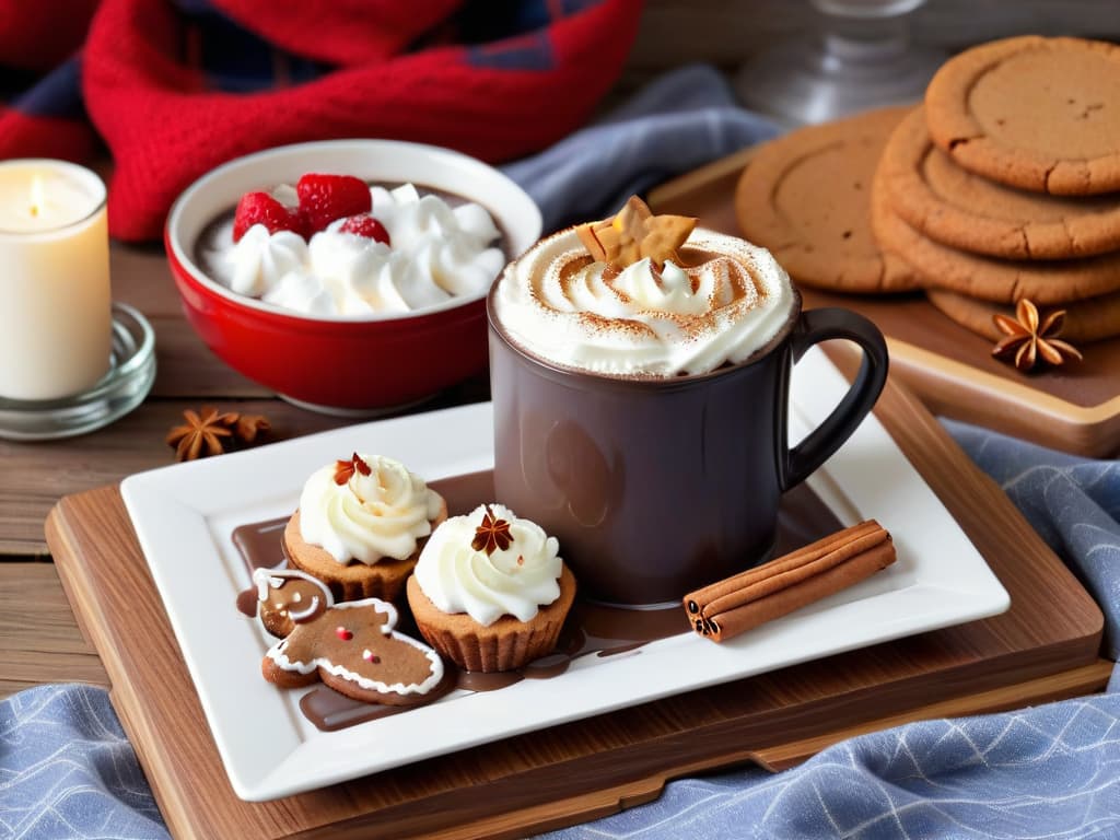  A highresolution image of a cozy winter scene with a steaming mug of hot chocolate topped with whipped cream and sprinkled with cinnamon, surrounded by a selection of homemade winter desserts such as gingerbread cookies, apple pie, and warm berry crumble, all elegantly arranged on a simple white platter against a rustic wooden table backdrop. hyperrealistic, full body, detailed clothing, highly detailed, cinematic lighting, stunningly beautiful, intricate, sharp focus, f/1. 8, 85mm, (centered image composition), (professionally color graded), ((bright soft diffused light)), volumetric fog, trending on instagram, trending on tumblr, HDR 4K, 8K