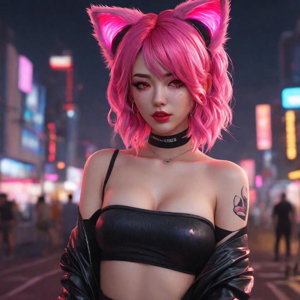  a girl with bright pink hair in the shape of cat ears, she has bright red eyes, bright red lips, she has big, she is embarrassed, she is wearing a pink off-shoulder top and a black short, there is a neon city around her, cute, hyper detail, full HD hyperrealistic, full body, detailed clothing, highly detailed, cinematic lighting, stunningly beautiful, intricate, sharp focus, f/1. 8, 85mm, (centered image composition), (professionally color graded), ((bright soft diffused light)), volumetric fog, trending on instagram, trending on tumblr, HDR 4K, 8K