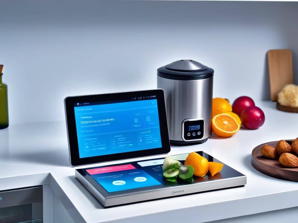  A sleek, minimalist kitchen counter adorned with hightech kitchen gadgets neatly organized: a tablet displaying a recipe app, a smartphone with a grocery list app, a smart speaker for voice commands, and a digital kitchen scale. The background is a modern, clean kitchen with soft ambient lighting, emphasizing efficiency and technology in cooking. hyperrealistic, full body, detailed clothing, highly detailed, cinematic lighting, stunningly beautiful, intricate, sharp focus, f/1. 8, 85mm, (centered image composition), (professionally color graded), ((bright soft diffused light)), volumetric fog, trending on instagram, trending on tumblr, HDR 4K, 8K