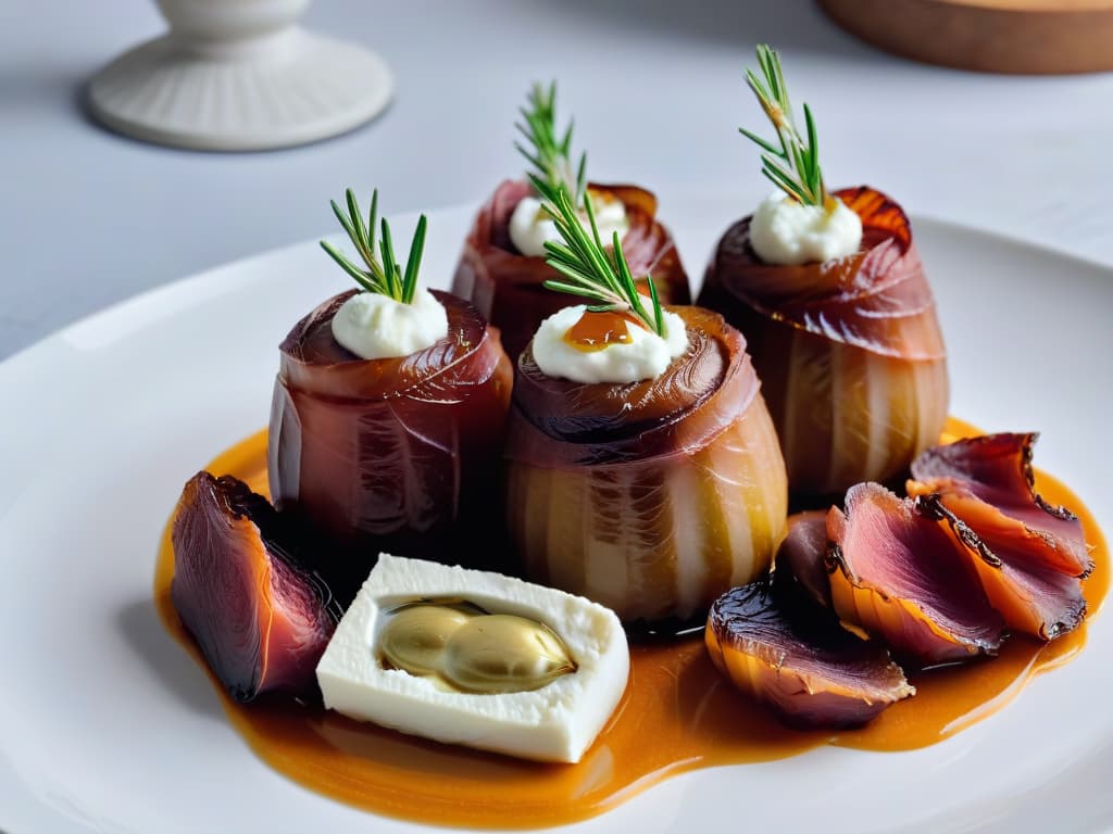  A closeup, ultradetailed image of a decadent Medjool date stuffed with creamy goat cheese, wrapped in crispy prosciutto, and garnished with a sprig of fresh rosemary, all presented on a sleek, modern white plate. The date is perfectly split open, showcasing the contrast of textures and colors, with the cheese oozing slightly and the prosciutto crisped to perfection. The lighting is soft, highlighting the natural richness of the ingredients and creating an elegant, minimalist composition that exudes sophistication and culinary artistry. hyperrealistic, full body, detailed clothing, highly detailed, cinematic lighting, stunningly beautiful, intricate, sharp focus, f/1. 8, 85mm, (centered image composition), (professionally color graded), ((bright soft diffused light)), volumetric fog, trending on instagram, trending on tumblr, HDR 4K, 8K