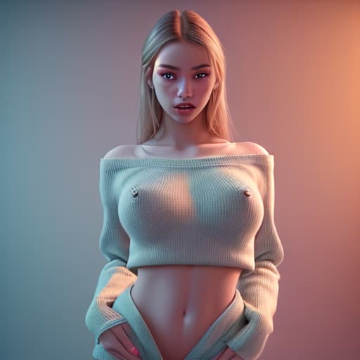  Stripper with thin waist and wide hips, on naked body wearing pullover, looks in lens camera, soft colorful lighting, all palette of colors, smart clarity and contrast, ultra complex detail, high quality, romantic elegant portrait, photorealism