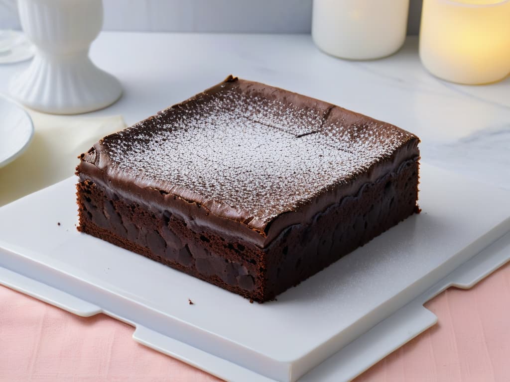  A highresolution closeup image of a freshly baked lowcalorie brownie, topped with a sprinkle of cocoa powder, resting on a sleek, modern white plate. The brownie should appear moist and rich, with visible chocolate chunks, emitting a tempting aroma. The plate is set on a marble countertop, enhancing the minimalistic and elegant presentation. The lighting is soft, casting a subtle shadow to create depth and highlight the texture of the brownie. This image captures the essence of indulgence and sophistication while aligning perfectly with the article's theme of healthy yet delicious brownie recipes. hyperrealistic, full body, detailed clothing, highly detailed, cinematic lighting, stunningly beautiful, intricate, sharp focus, f/1. 8, 85mm, (centered image composition), (professionally color graded), ((bright soft diffused light)), volumetric fog, trending on instagram, trending on tumblr, HDR 4K, 8K