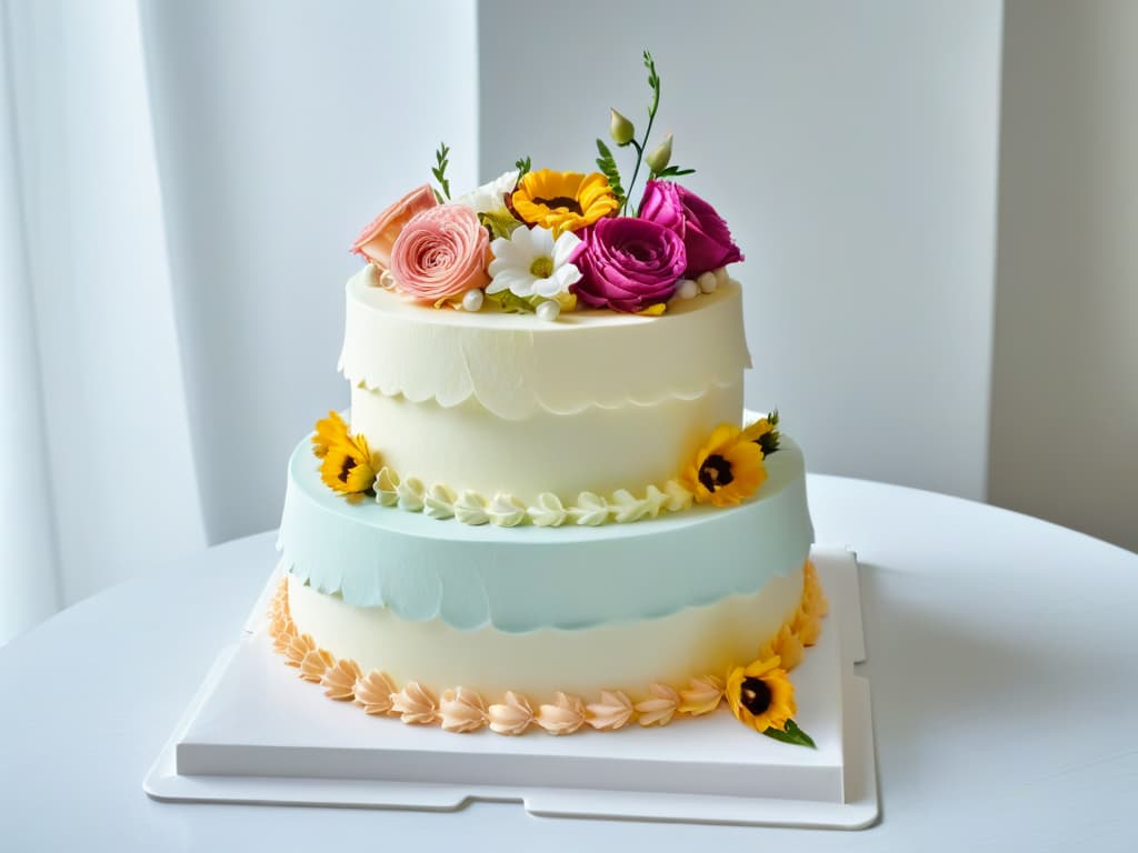  A minimalistic image of a beautifully decorated tiered cake with intricate piping details in pastel colors, adorned with fresh flowers and elegant ribbon accents, displayed on a simple, clean white pedestal stand against a soft, blurred background of a cozy bakery setting. hyperrealistic, full body, detailed clothing, highly detailed, cinematic lighting, stunningly beautiful, intricate, sharp focus, f/1. 8, 85mm, (centered image composition), (professionally color graded), ((bright soft diffused light)), volumetric fog, trending on instagram, trending on tumblr, HDR 4K, 8K