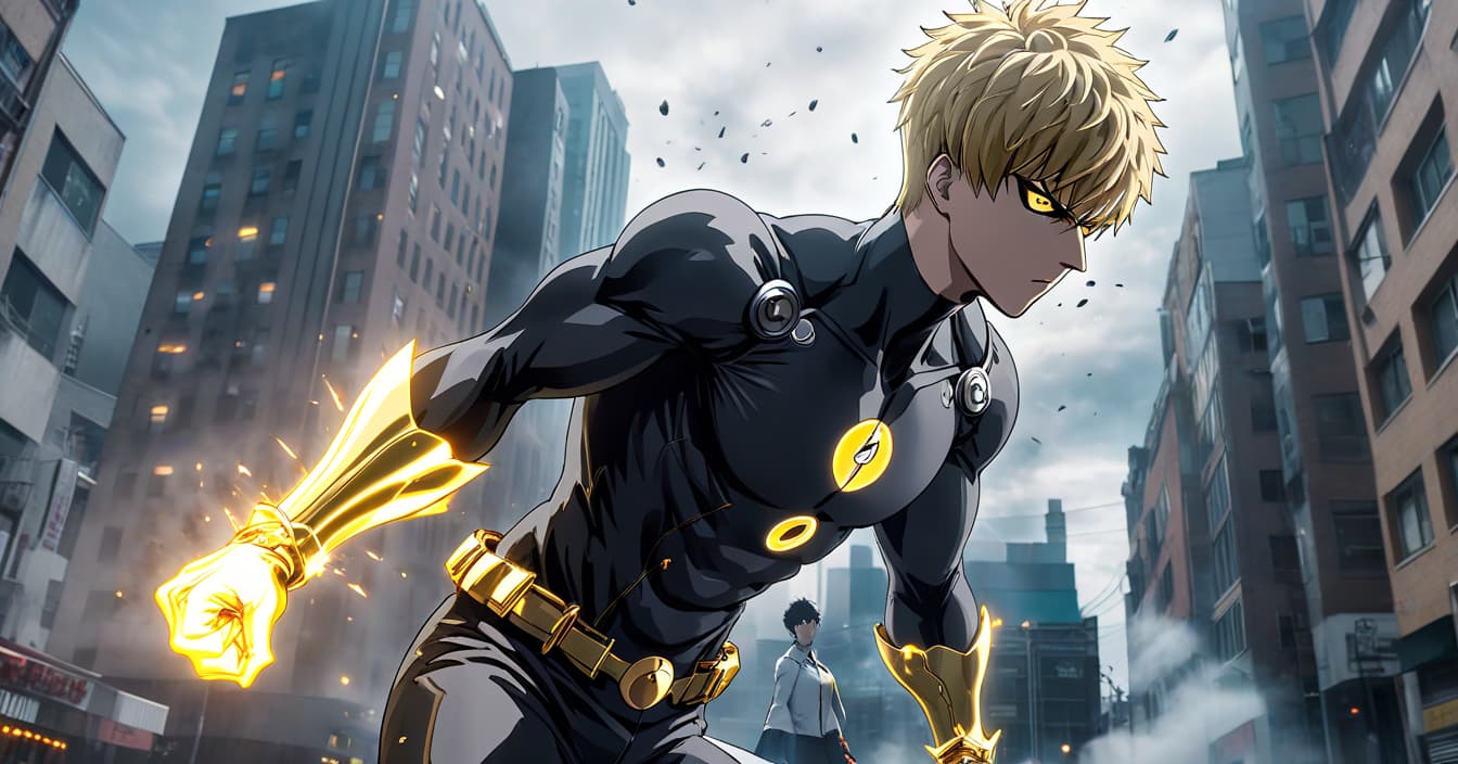  One Punch Man. Genos fights in the city. full body. 2D. Anime hyperrealistic, full body, detailed clothing, highly detailed, cinematic lighting, stunningly beautiful, intricate, sharp focus, f/1. 8, 85mm, (centered image composition), (professionally color graded), ((bright soft diffused light)), volumetric fog, trending on instagram, trending on tumblr, HDR 4K, 8K