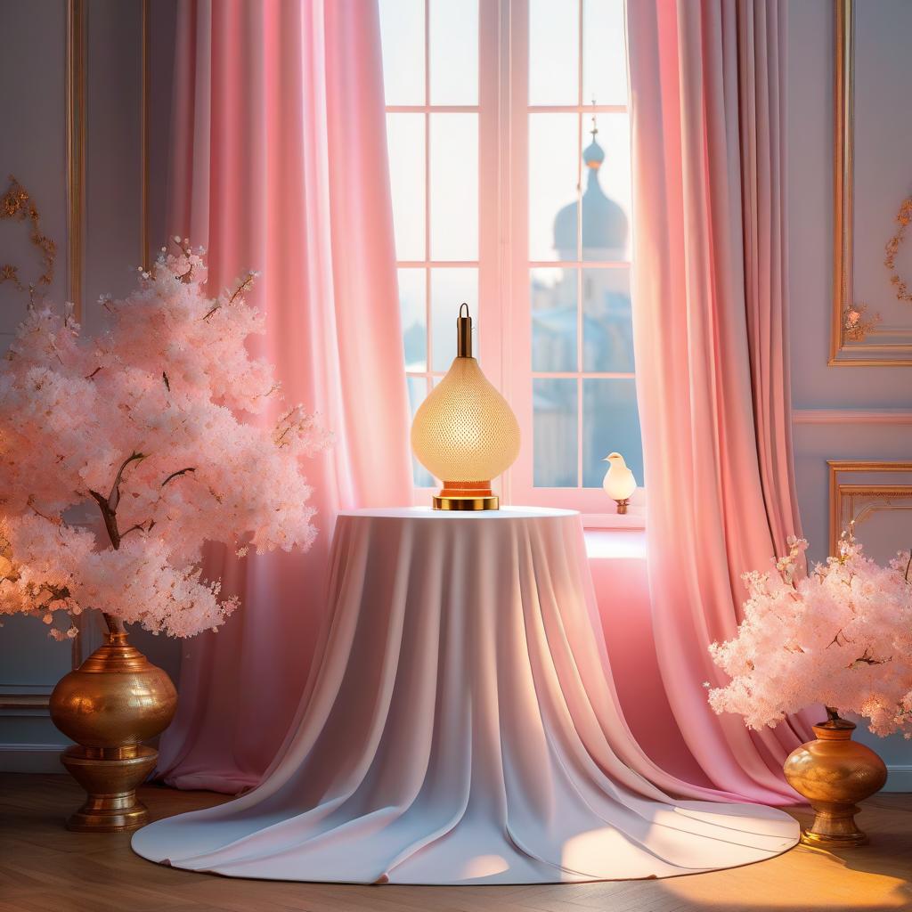  (Background):summer evening. (Interior) Window with pink curtains. Table on the table is a table lamp with a lampshade. (Table lamp design):The leg of the table lamp is made in the shape of a sakura trunk. There are small birds sitting on the branches. The lamp shade is gold coloured Empire style with white and pink cherry blossoms and flying petals embroidered on it. hyperrealistic, full body, detailed clothing, highly detailed, cinematic lighting, stunningly beautiful, intricate, sharp focus, f/1. 8, 85mm, (centered image composition), (professionally color graded), ((bright soft diffused light)), volumetric fog, trending on instagram, trending on tumblr, HDR 4K, 8K