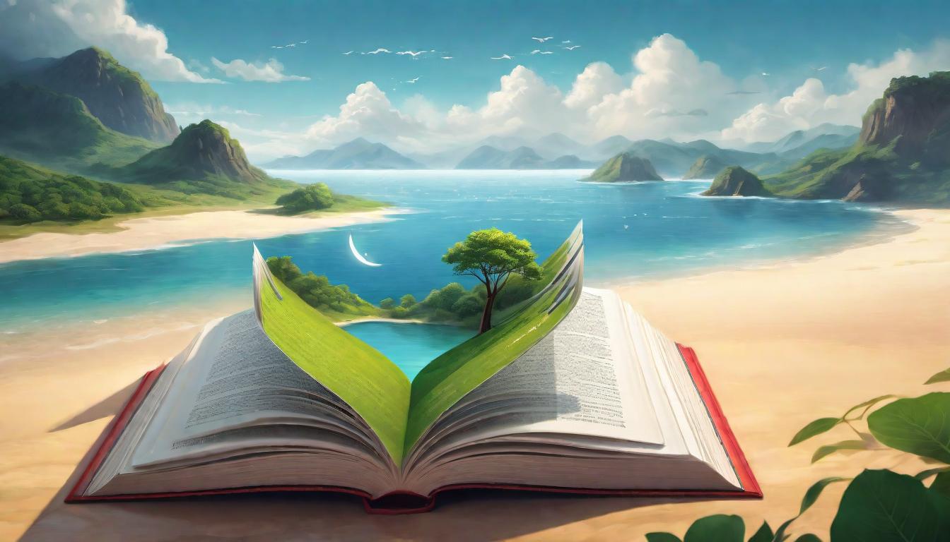  digital illustration An open book with words blending into a soothing landscape, skills and empathy guiding humanity, enlightening, guiding looking at viewer, dynamic pose, (intricate details, masterpiece, best quality)