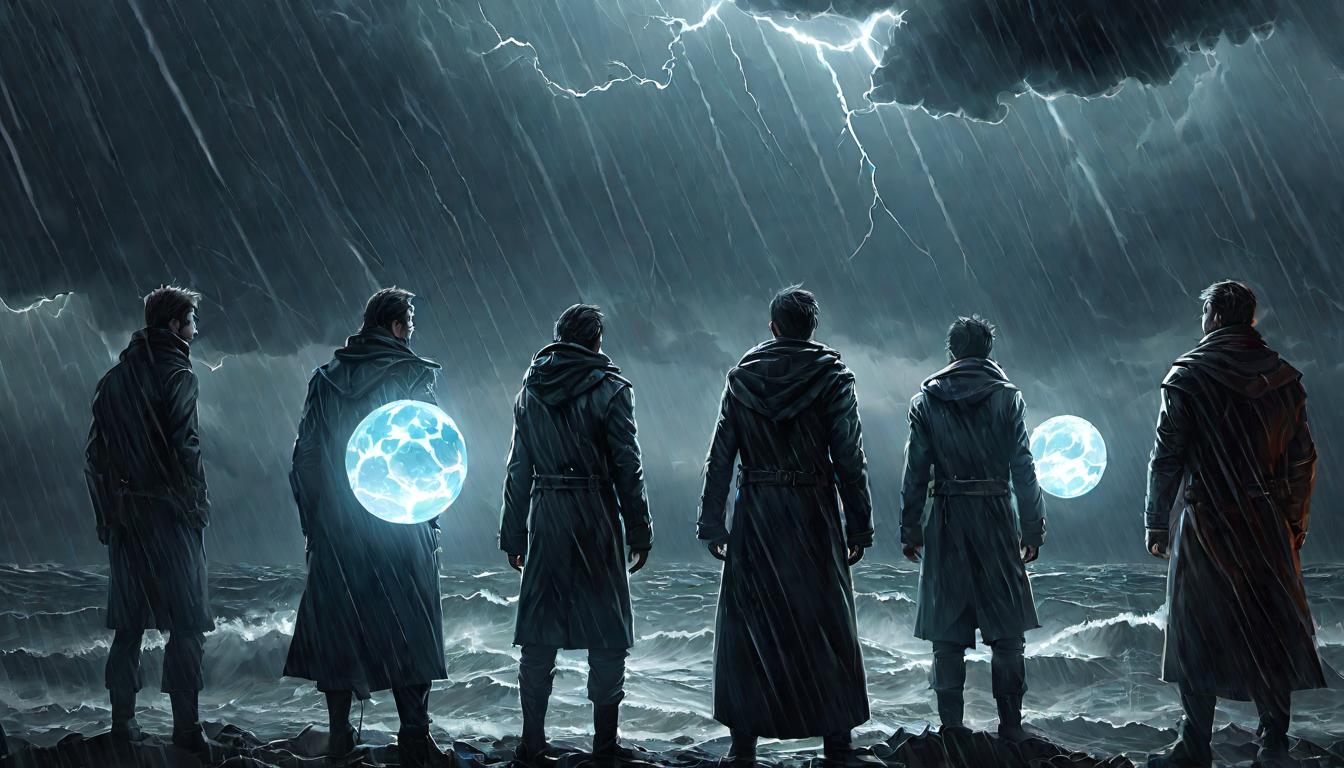  digital illustration, A group of figures standing firm amidst a storm, holding glowing orbs of light, faces show determination, stormy dark clouds, contrast of chaos and calm, united, resilient, looking at viewer, dynamic pose, (intricate details, masterpiece, best quality)