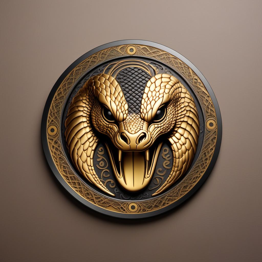  round token made of steel, gold, with an intricate pattern, realistic cobra head