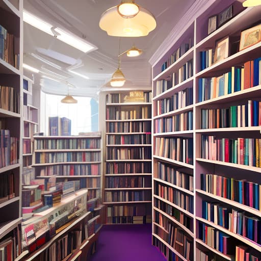  A large bookstore specializing in literature from Asian countries, such as South Korea, China, and Japan. The room is decorated in soft, subdued shades of violet, with white bookshelves lining the walls. Customers browse the shelves, the cash register is in one corner where they pay for their books. The walls could also be softly white or with violet lines, as well as posters and signs reading "Lotus Bookstore". hyperrealistic, full body, detailed clothing, highly detailed, cinematic lighting, stunningly beautiful, intricate, sharp focus, f/1. 8, 85mm, (centered image composition), (professionally color graded), ((bright soft diffused light)), volumetric fog, trending on instagram, trending on tumblr, HDR 4K, 8K