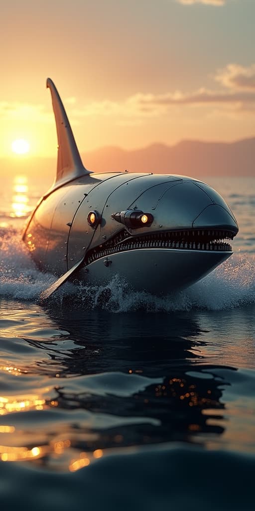  good quality, high quality, a hybrid metal futuristic creature between a killer whale and a speed boat, transformers, epic, mechanic, close up, sunset, highly detailed water, photorealistic,