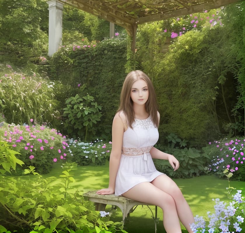  Beautiful girl sits in the big garden