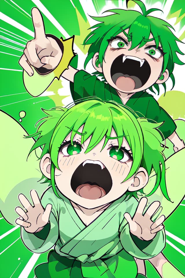  Green haired character Barakuraba, Ikaisa shouting