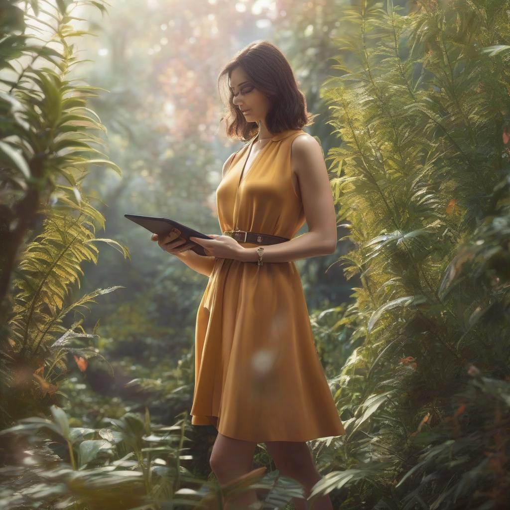  Brunette with a belt, minidress, tablet on her right hand and a stylus on her left hand, background with a minimal plant, semi realistic style, digital art, sketch, HDR, C4D, 8K HD hyperrealistic, full body, detailed clothing, highly detailed, cinematic lighting, stunningly beautiful, intricate, sharp focus, f/1. 8, 85mm, (centered image composition), (professionally color graded), ((bright soft diffused light)), volumetric fog, trending on instagram, trending on tumblr, HDR 4K, 8K