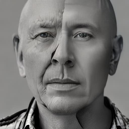 dublex style b&w; middle aged man; round, short face; skin head; short nose; closeup