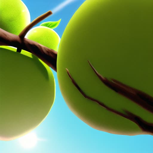  bright green apple, on a tree branch, background is the sky and tree branches focus looking up the tree from the ground