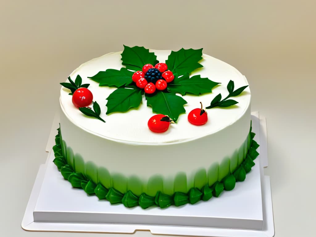  A minimalist and elegant image of a beautifully decorated Christmasthemed cake with intricate icing designs and festive decorations like holly leaves and berries, set against a simple white background to emphasize the intricate details and craftsmanship of the cake. hyperrealistic, full body, detailed clothing, highly detailed, cinematic lighting, stunningly beautiful, intricate, sharp focus, f/1. 8, 85mm, (centered image composition), (professionally color graded), ((bright soft diffused light)), volumetric fog, trending on instagram, trending on tumblr, HDR 4K, 8K