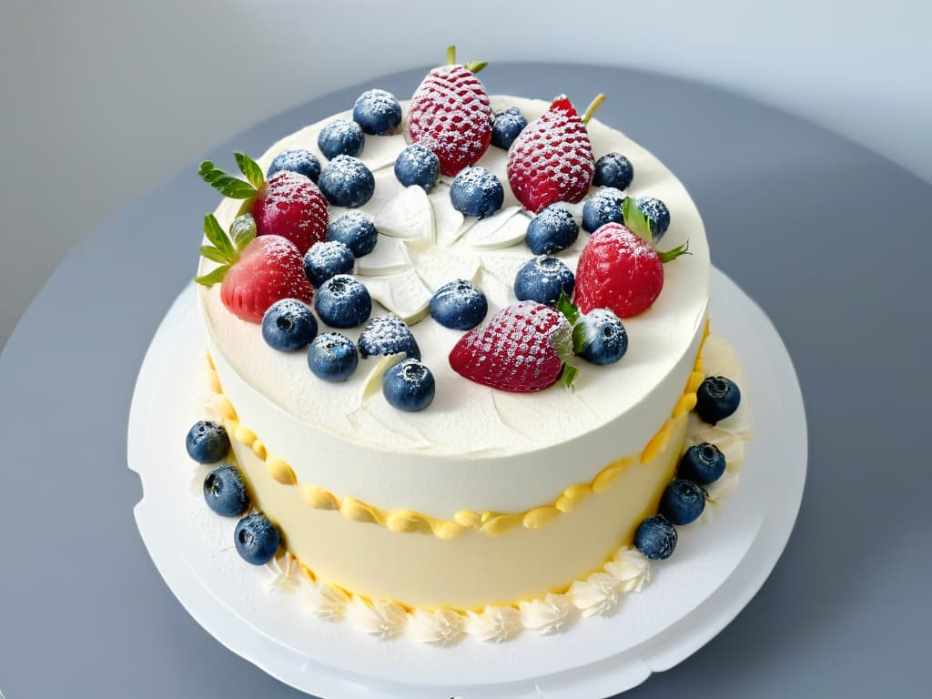  A highresolution image of a beautifully decorated vegan cake on a crisp white minimalist background, showcasing intricate details like delicate piped flowers made from dairyfree buttercream, fresh berries artfully arranged on top, and a dusting of powdered sugar for a touch of elegance. hyperrealistic, full body, detailed clothing, highly detailed, cinematic lighting, stunningly beautiful, intricate, sharp focus, f/1. 8, 85mm, (centered image composition), (professionally color graded), ((bright soft diffused light)), volumetric fog, trending on instagram, trending on tumblr, HDR 4K, 8K