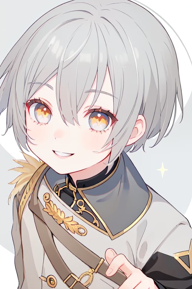  Gray hair, forward bob, golden eyes, boy, smiling