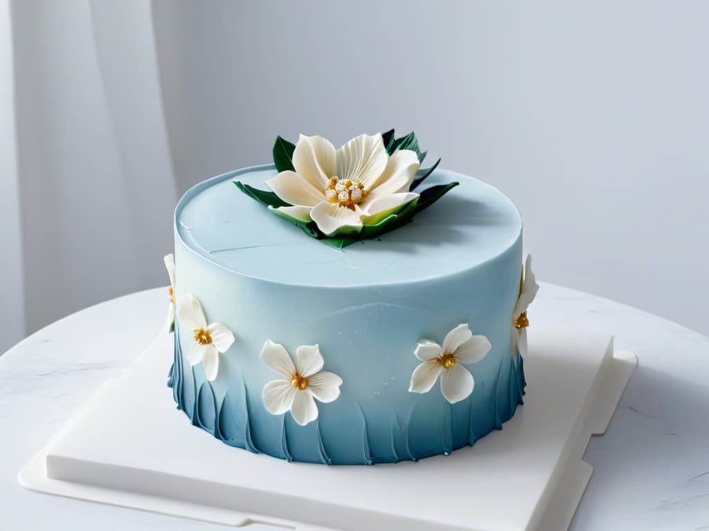  A closeup, ultradetailed image of a perfectly crafted, intricate sugar flower atop a delicate and elegant modern cake, set against a sleek, white marble backdrop. The flower, with its delicate petals and fine details, showcases the artistry and precision involved in contemporary pastry design. The minimalist composition highlights the beauty and sophistication of global pastry trends, embodying the fusion of art and culinary excellence. hyperrealistic, full body, detailed clothing, highly detailed, cinematic lighting, stunningly beautiful, intricate, sharp focus, f/1. 8, 85mm, (centered image composition), (professionally color graded), ((bright soft diffused light)), volumetric fog, trending on instagram, trending on tumblr, HDR 4K, 8K