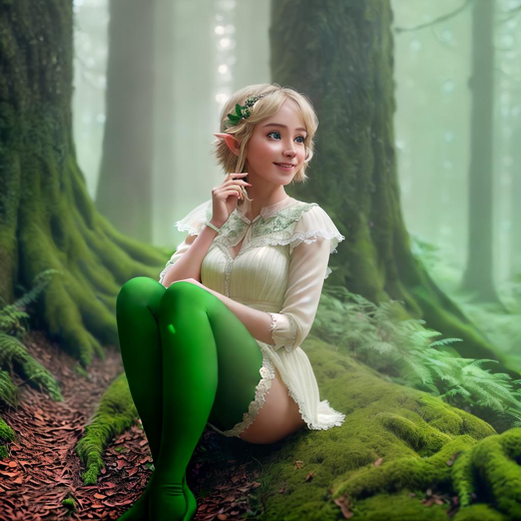  Elf, smiling, in the woods, green stockings, rosy cheeks, soft look, short blonde hair, fixes her hair, looks up, sits up ,highly detailed, cinematic lighting, stunningly beautiful, intricate, sharp focus, f1. 8, 85mm, (centered image composition), (professionally color graded), ((bright soft diffused light)), volumetric fog, trending on instagram, trending on tumblr, HDR 4K, 8K
