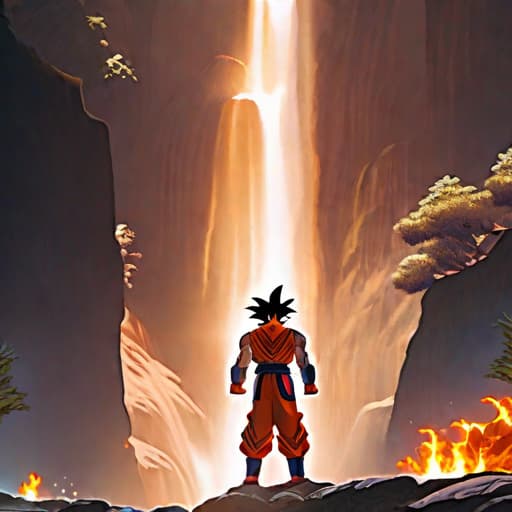  Goku,suit,god,waterfall hyperrealistic, full body, detailed clothing, highly detailed, cinematic lighting, stunningly beautiful, intricate, sharp focus, f/1. 8, 85mm, (centered image composition), (professionally color graded), ((bright soft diffused light)), volumetric fog, trending on instagram, trending on tumblr, HDR 4K, 8K