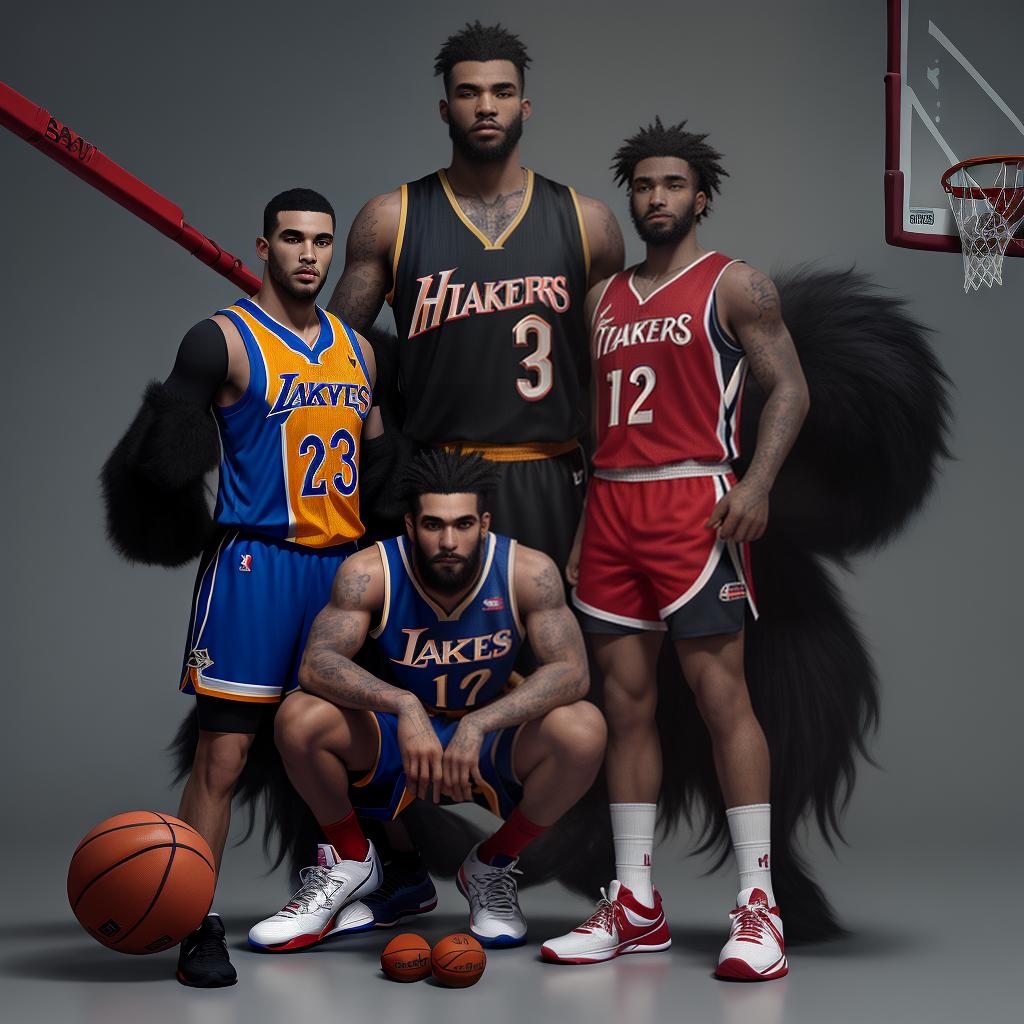  masterpiece, best quality, Werewolf Dressed in a basketball jersey, tank top style top jersey, above knee bottom jersey, the jersey is for the team known as the Wolves, add bats to the jersey design. Wearing red sneakers on feet. Werewolf as a basketball player. Pose with Crossed Arms and straight legs. Basketball between the feet. Dracula is tall , sevon foot three inches.Mkae all the players have the same team jersey. Make some of the players more racially diverse and add facial hair to some. Change the hairstyles to be unique. Players are very hairy, furry almost with tattoos. Make some players black. Make all the players into humanoid wolflike creatures with diversity, wolflike faces