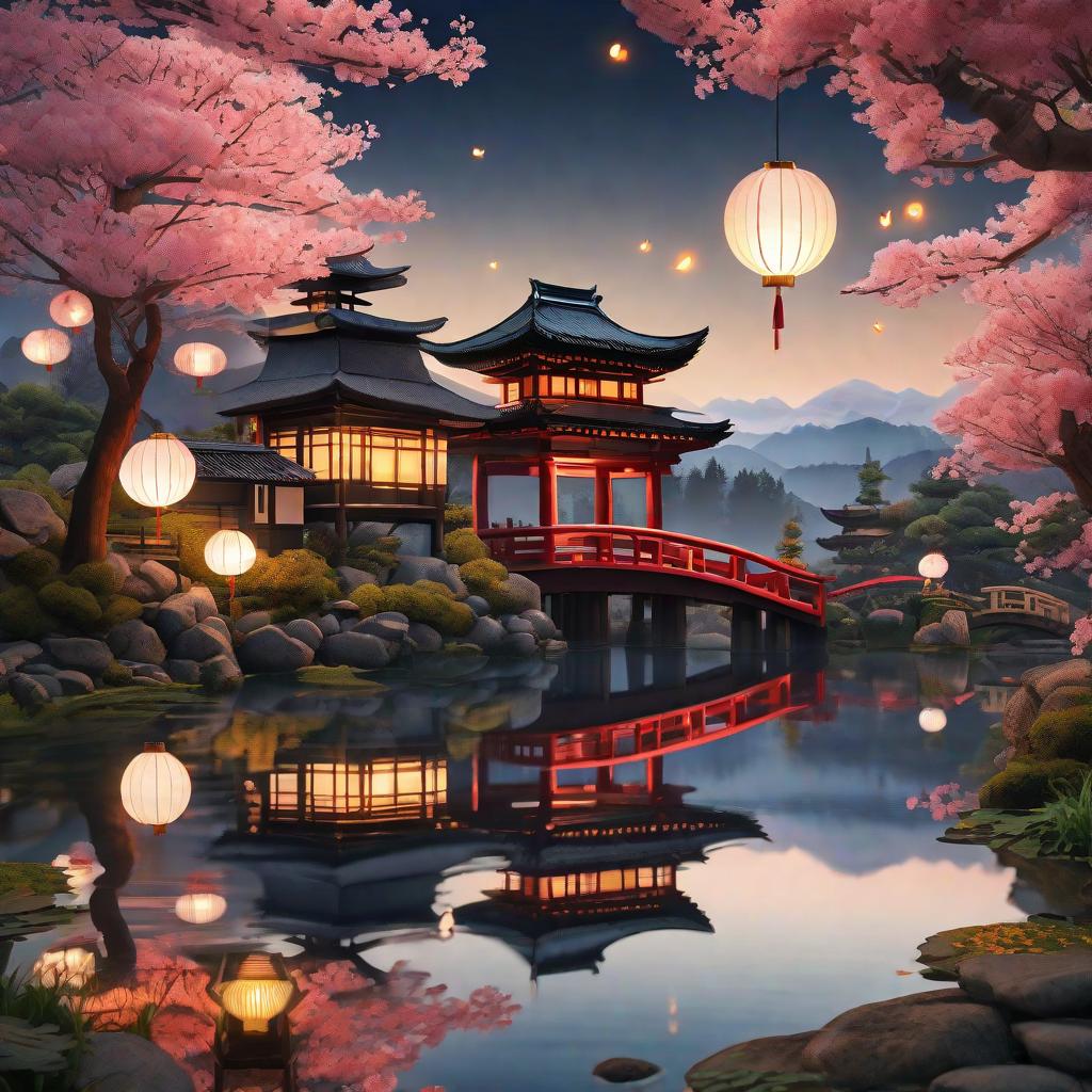  masterpiece, best quality, (fidelity:1.4), best quality, masterpiece, ultra high resolution, 8k resolution, night view inspired by Japanese art, featuring a garden illuminated by paper lanterns and a wooden bridge spanning a tranquil lake with a small Zen temple beside the lake.