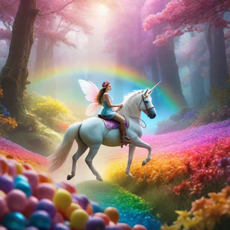  Generate a image on a group of fairies riding unicorns through a candy-filled rainbow forest. hyperrealistic, full body, detailed clothing, highly detailed, cinematic lighting, stunningly beautiful, intricate, sharp focus, f\/1. 8, 85mm, (centered image composition), (professionally color graded), ((bright soft diffused light)), volumetric fog, trending on instagram, trending on tumblr, HDR 4K, 8K