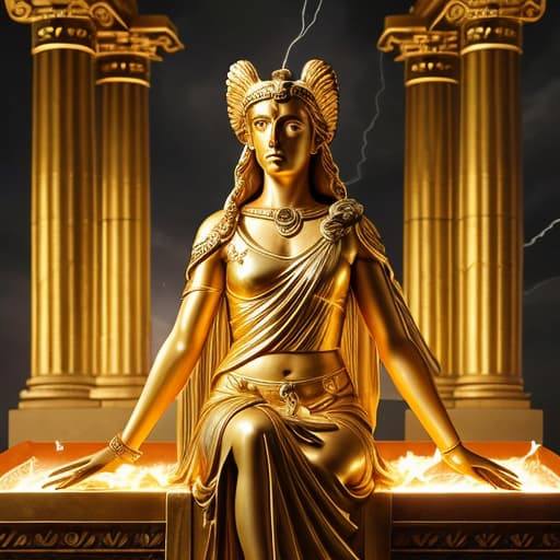  Io, priestess of the goddess Hera, makes a sacrifice in the rays of the sacred fire in the temple; in her right hand she holds a long gilded knife, and on her left shoulder sits an eagle with its wings spread, against the backdrop of a night thunderstorm with lightning, photorealism