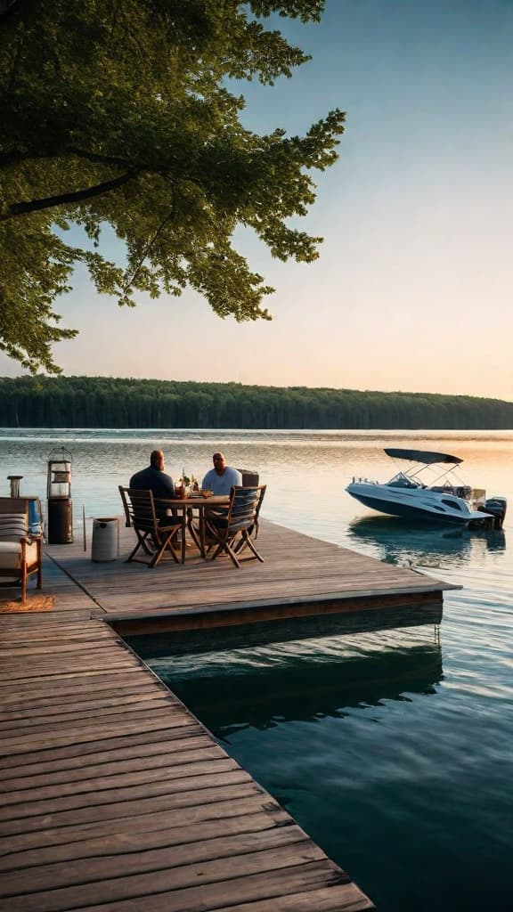  (A peaceful scene on Torch Lake, with a pontoon boat in the middle of the water. The cottage in the background is still under construction. Seagulls fly overhead as the winds pick up, creating whitecaps on the water. Nearby, on the shore, Tim and Susie are grilling burgers, hot dogs, and preparing a potato salad.) hyperrealistic, full body, detailed clothing, highly detailed, cinematic lighting, stunningly beautiful, intricate, sharp focus, f/1. 8, 85mm, (centered image composition), (professionally color graded), ((bright soft diffused light)), volumetric fog, trending on instagram, trending on tumblr, HDR 4K, 8K