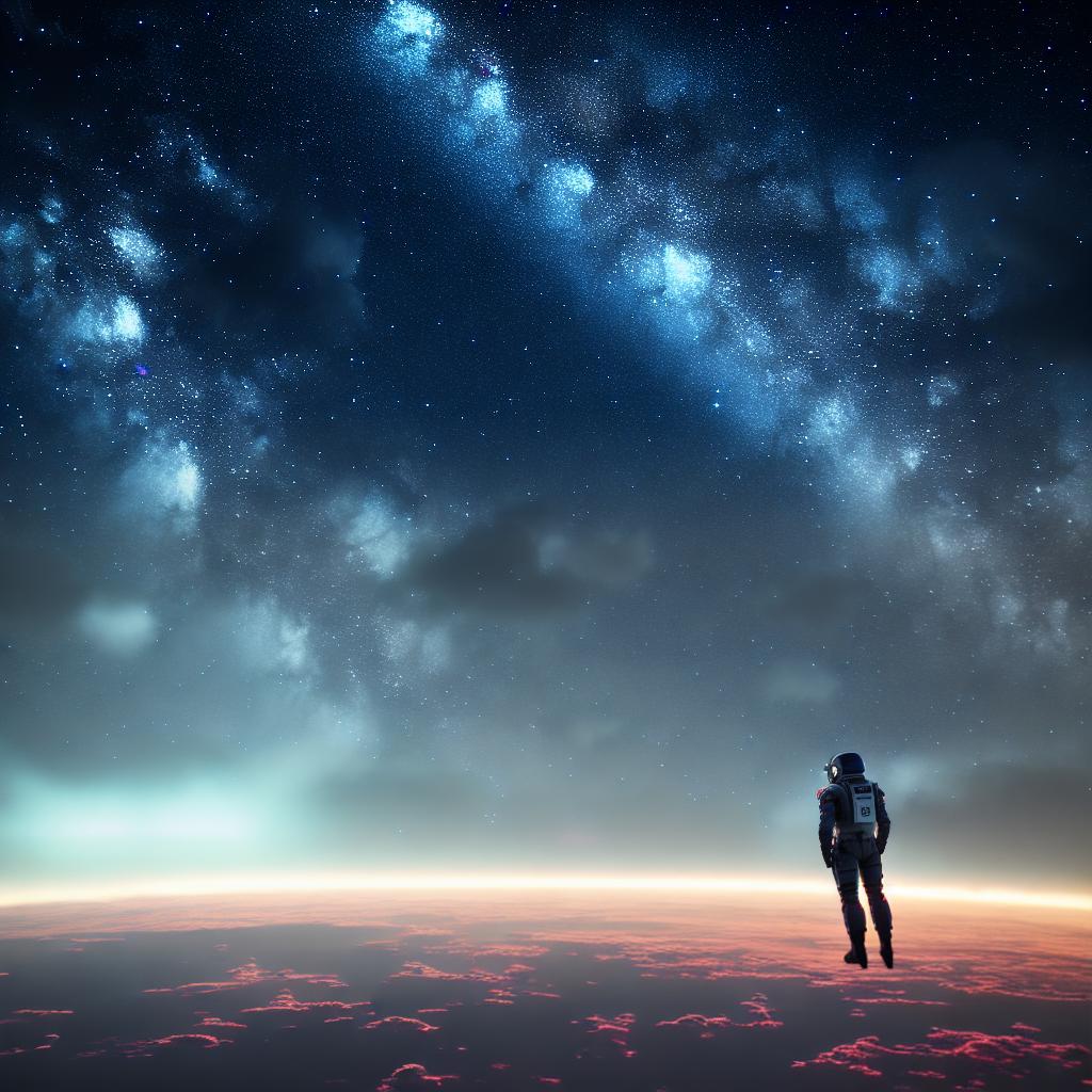  This masterpiece showcases a sci-fi sky with the best quality and ultra-detailed visuals. The scene features a futuristic cityscape with towering skyscrapers and flying vehicles, all rendered in stunning 8k resolution. The main subject of the scene is a lone astronaut ((floating in space)), surrounded by breathtaking nebulae and distant galaxies. The astronaut's suit gleams with a metallic sheen, reflecting the vibrant colors of the cosmos. The scene is illuminated by the soft glow of distant stars, creating a mesmerizing ambiance. hyperrealistic, full body, detailed clothing, highly detailed, cinematic lighting, stunningly beautiful, intricate, sharp focus, f/1. 8, 85mm, (centered image composition), (professionally color graded), ((bright soft diffused light)), volumetric fog, trending on instagram, trending on tumblr, HDR 4K, 8K