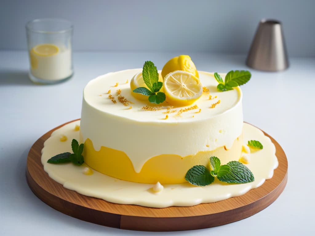  A highresolution, ultradetailed image of a perfectly plated gourmet lemon and ginger cheesecake, with a goldenbrown ginger biscuit base, topped with a creamy lemoninfused cheesecake layer, garnished with delicate lemon zest curls and fresh mint leaves. The image captures the intricate layers and textures of the dessert, showcasing the contrast between the crunchy base and the velvety cheesecake, all presented elegantly on a sleek, minimalist white plate. hyperrealistic, full body, detailed clothing, highly detailed, cinematic lighting, stunningly beautiful, intricate, sharp focus, f/1. 8, 85mm, (centered image composition), (professionally color graded), ((bright soft diffused light)), volumetric fog, trending on instagram, trending on tumblr, HDR 4K, 8K