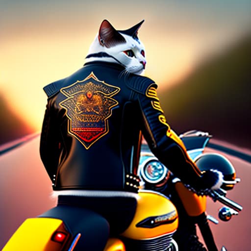 estilovintedois A cat wearing a leather jacket and a black jacket with motorcycle Harley Davidson with 
a yellow tail