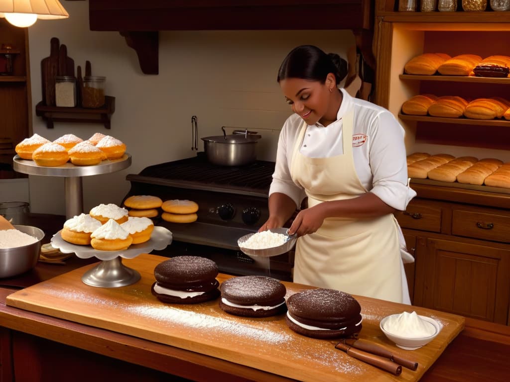  A photorealistic image of a vintage bakery kitchen, filled with antique baking tools and ingredients like flour, sugar, and cocoa. In the center, a baker meticulously crafts a batch of delicious whoopie pies, filling them with a rich cream frosting. The warm glow of the oven illuminates the scene, casting soft shadows on the rustic wooden countertops. The baker's focused expression and skilled hands convey a sense of tradition and craftsmanship, evoking the history and artistry behind the beloved whoopie pie. hyperrealistic, full body, detailed clothing, highly detailed, cinematic lighting, stunningly beautiful, intricate, sharp focus, f/1. 8, 85mm, (centered image composition), (professionally color graded), ((bright soft diffused light)), volumetric fog, trending on instagram, trending on tumblr, HDR 4K, 8K