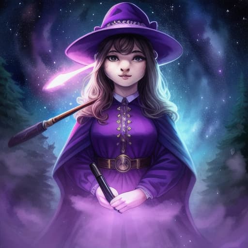  watercolor, storybook, A girl in a purple hat using a magic wand to draw stars in the night sky, characters include: girl in purple hat with magic wand, starry night sky, best quality, very detailed, high resolution, sharp, sharp image hyperrealistic, full body, detailed clothing, highly detailed, cinematic lighting, stunningly beautiful, intricate, sharp focus, f/1. 8, 85mm, (centered image composition), (professionally color graded), ((bright soft diffused light)), volumetric fog, trending on instagram, trending on tumblr, HDR 4K, 8K