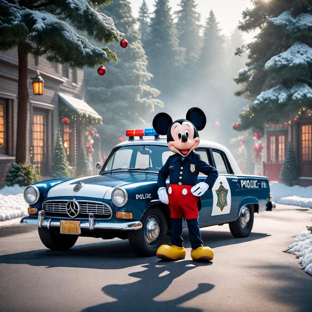  Mickey Mouse dressed as a police officer driving a police car, with a Christmas theme. The setting shows a snowy landscape with festive decorations such as Christmas trees adorned with lights and ornaments, and maybe a Santa hat on Mickey's head to emphasize the holiday spirit. Make sure the police car has a subtle Christmas motif, like a wreath on the grill or red and green flashing lights. hyperrealistic, full body, detailed clothing, highly detailed, cinematic lighting, stunningly beautiful, intricate, sharp focus, f/1. 8, 85mm, (centered image composition), (professionally color graded), ((bright soft diffused light)), volumetric fog, trending on instagram, trending on tumblr, HDR 4K, 8K