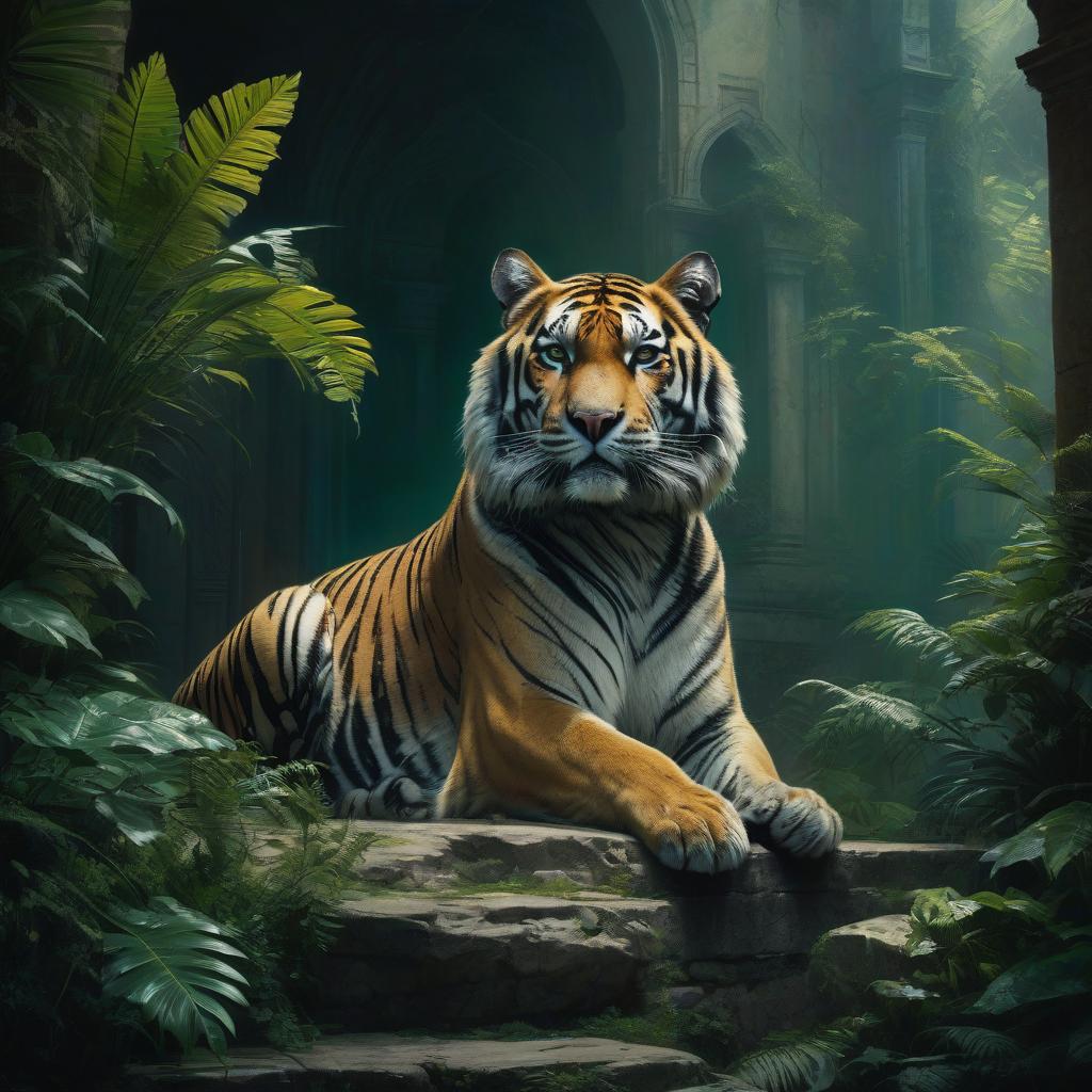  cinematic film still a Jeremy Mann inspired oil painting in ultra HD 8K, displaying a majestic green and purple tiger enthroned in a mysterious jungle palace. Sunlight filters through lush foliage, while the tiger surveys its domain from a stone window, embodying regal poise and introspection. The chamber combines opulence with signs of decay amidst rich jungle life, capturing the glory of a forgotten empire. In a low key digital style, the tiger's face is dramatically lit, with airborne pollen adding to the scene's enigma. Envision an Ivan Aivazovsky level of skill in this high resolution masterpiece that balances symmetry with moody, action infused realism, framed by conceptual art aesthetics and mystical atmosphere. dark chiaroscuro low  hyperrealistic, full body, detailed clothing, highly detailed, cinematic lighting, stunningly beautiful, intricate, sharp focus, f/1. 8, 85mm, (centered image composition), (professionally color graded), ((bright soft diffused light)), volumetric fog, trending on instagram, trending on tumblr, HDR 4K, 8K