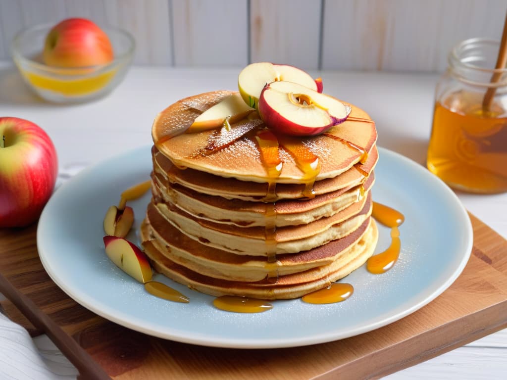  An ultradetailed image of a stack of fluffy oat and apple pancakes drizzled with honey, garnished with slices of fresh apple and a sprinkle of cinnamon, placed on a rustic wooden plate against a clean, white background. The pancakes are perfectly golden brown, with steam rising from them, showcasing their delicious texture and inviting aroma. hyperrealistic, full body, detailed clothing, highly detailed, cinematic lighting, stunningly beautiful, intricate, sharp focus, f/1. 8, 85mm, (centered image composition), (professionally color graded), ((bright soft diffused light)), volumetric fog, trending on instagram, trending on tumblr, HDR 4K, 8K