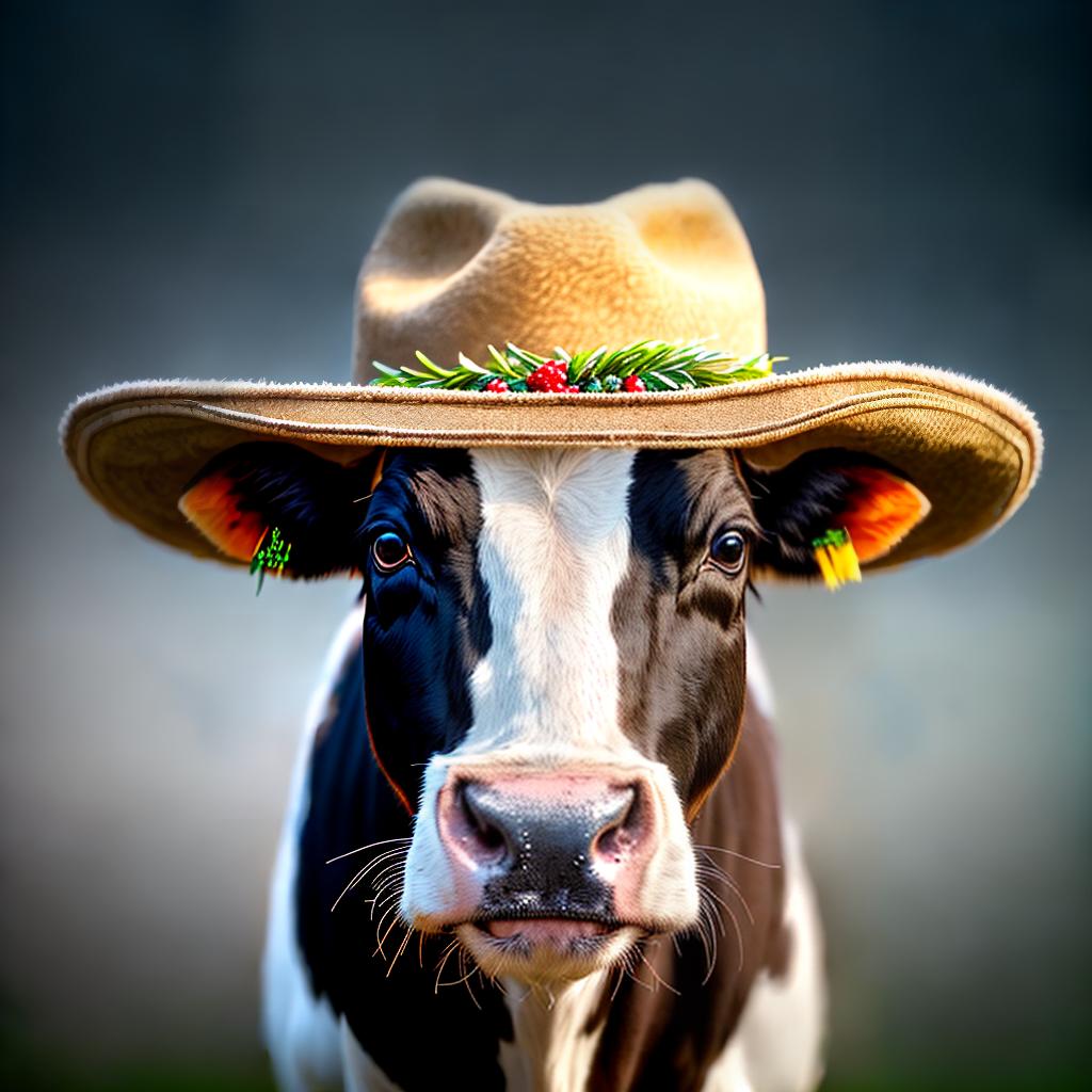  Cow in a hat ,highly detailed, cinematic lighting, stunningly beautiful, intricate, sharp focus, f1. 8, 85mm, (centered image composition), (professionally color graded), ((bright soft diffused light)), volumetric fog, trending on instagram, trending on tumblr, HDR 4K, 8K