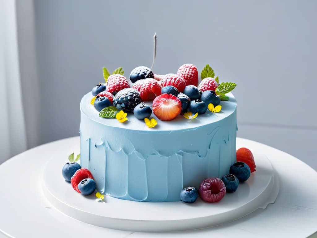  An intricately decorated sugarfree cake with vibrant berries and edible flowers on top, displayed on a pristine white cake stand. The cake's layers are visible, showcasing a moist texture, and the decorations exude elegance and sophistication. The lighting is soft, highlighting the colors and textures of the dessert, making it a visually stunning and appetizing centerpiece. hyperrealistic, full body, detailed clothing, highly detailed, cinematic lighting, stunningly beautiful, intricate, sharp focus, f/1. 8, 85mm, (centered image composition), (professionally color graded), ((bright soft diffused light)), volumetric fog, trending on instagram, trending on tumblr, HDR 4K, 8K