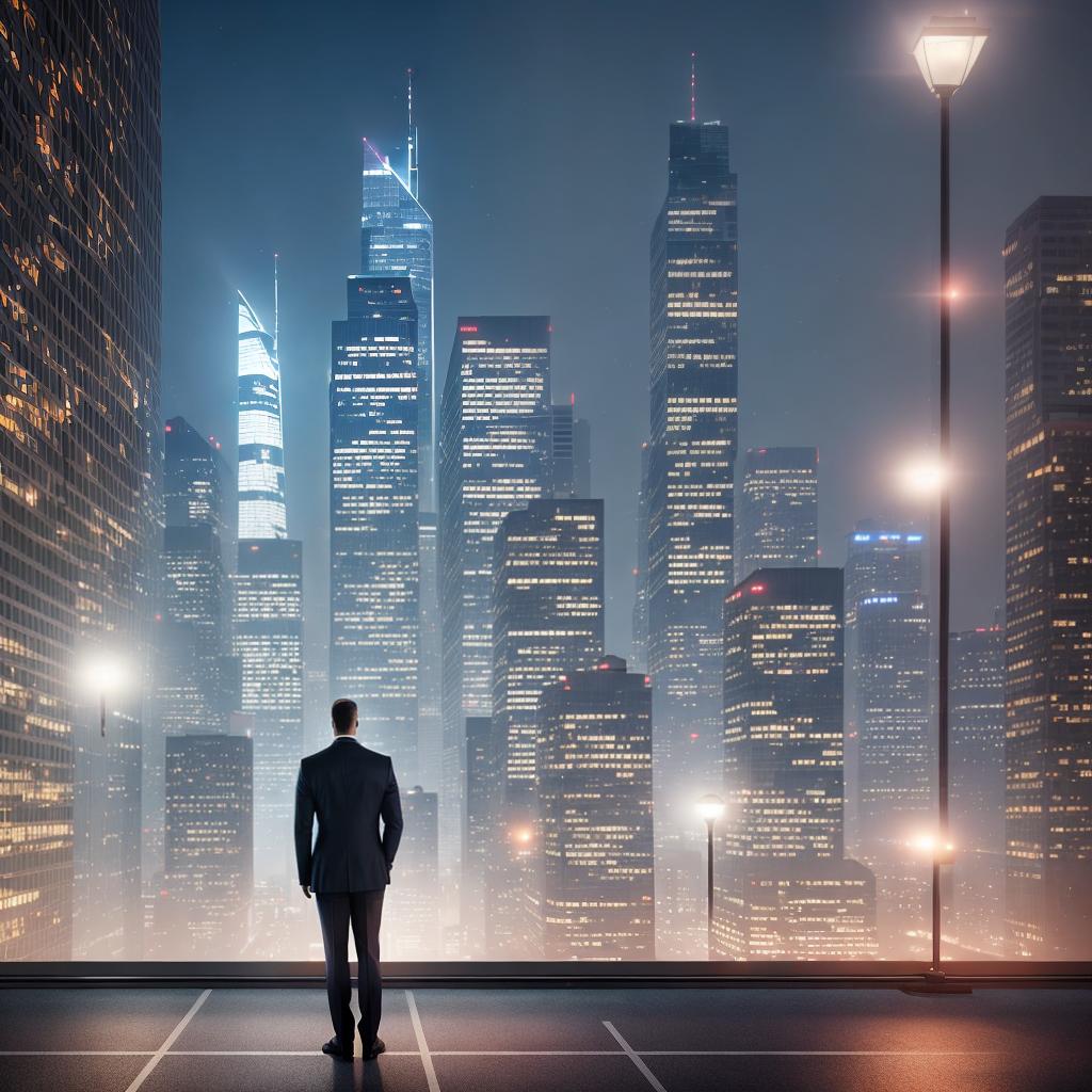  Photo of a thoughtful businessman looking out the window with city lights and technological elements in the background, wide angle, sharp, very detailed, warm lighting, trending on artstation, masterpiece, award winning, digital painting, dark, gritty, mixed media, hyperrealistic, full body, detailed clothing, highly detailed, cinematic lighting, stunningly beautiful, intricate, sharp focus, f/1. 8, 85mm, (centered image composition), (professionally color graded), ((bright soft diffused light)), volumetric fog, trending on instagram, trending on tumblr, HDR 4K, 8K