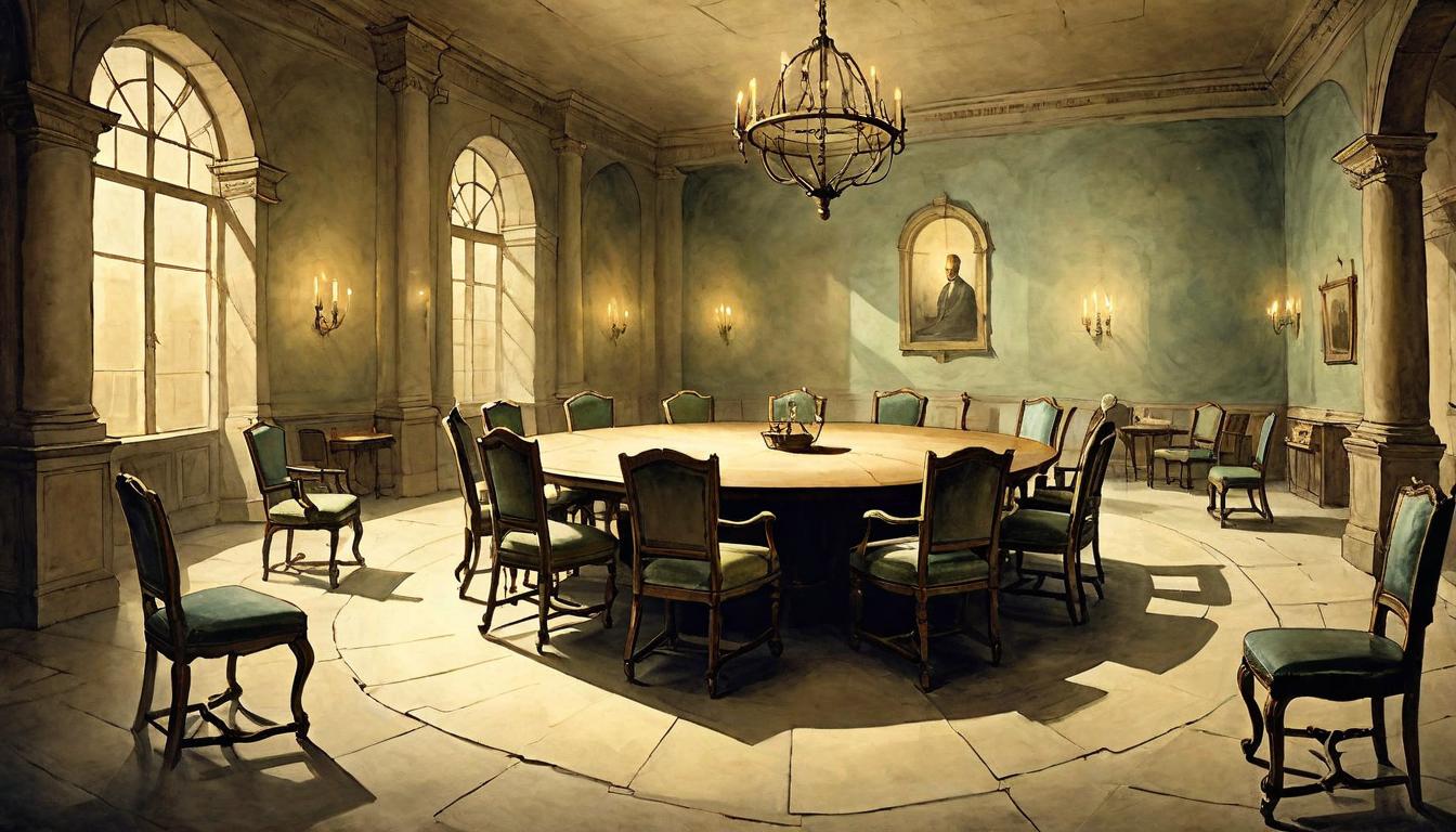  on parchment, surrealism+++, A round table surrounded by empty chairs in a room lit by a single brilliant light, symbolizing the building of alliances. Table ancient, chairs waiting, light hopeful, room charged, collaboration's birthplace, strategic solitude.(mysterious, provocative, symbolic,muted color)+++